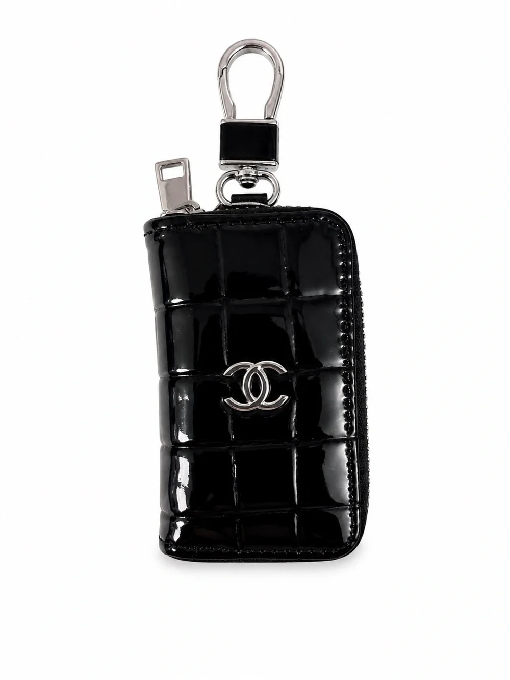 Black Patent Quilted Key Pouch with Silver Hardware
